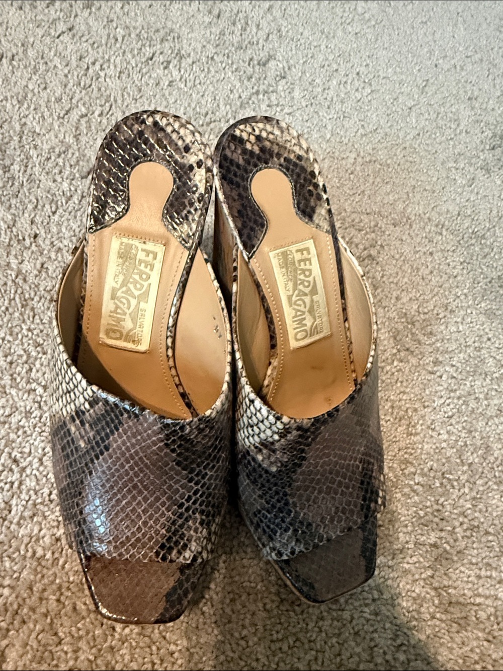 Salvatore Ferragamo Snake-Print Slide Mules in Brown and Cream